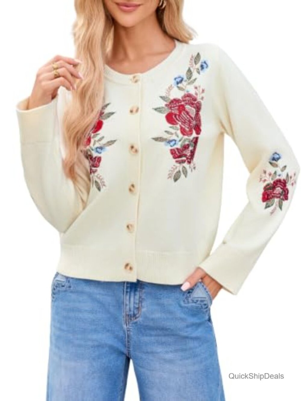 Floral Embroidered Button Front Knit Cardigan Long Sleeve Crew Neck